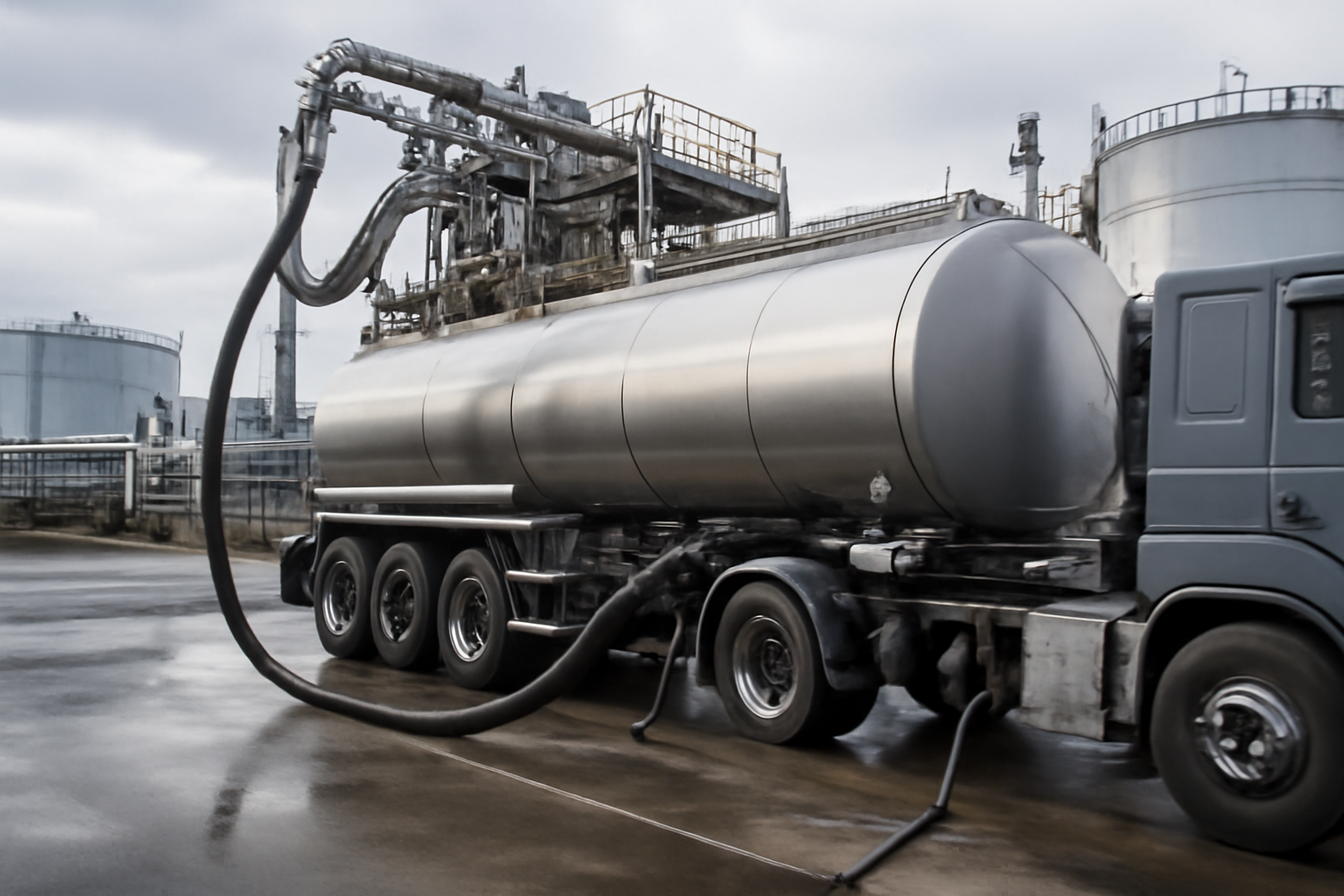 Diesel fuel tanker truck at a refinery loading dock under an overcast sky
