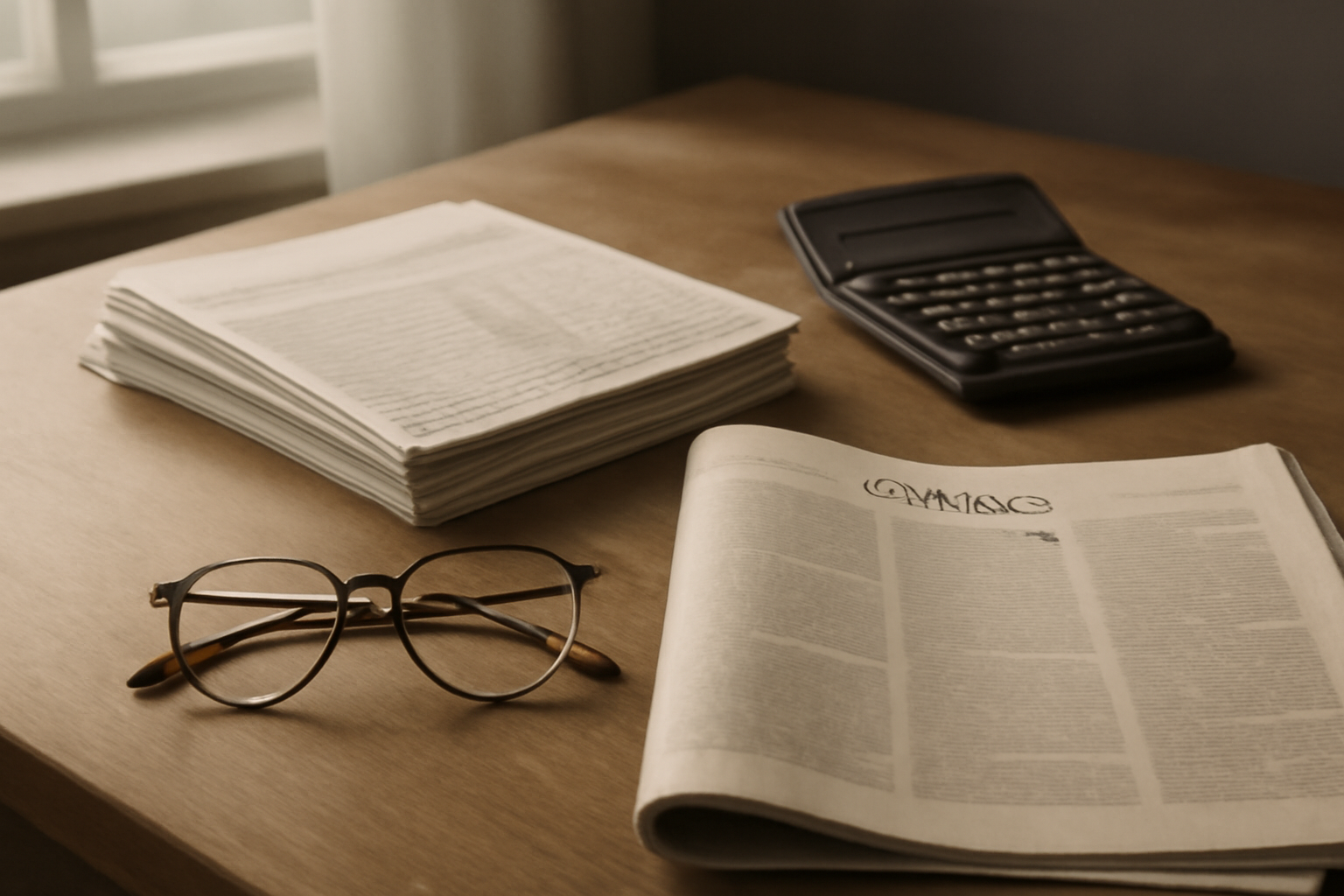 Stacks of financial documents and a calculator on a desk beside a newspaper opinion page
