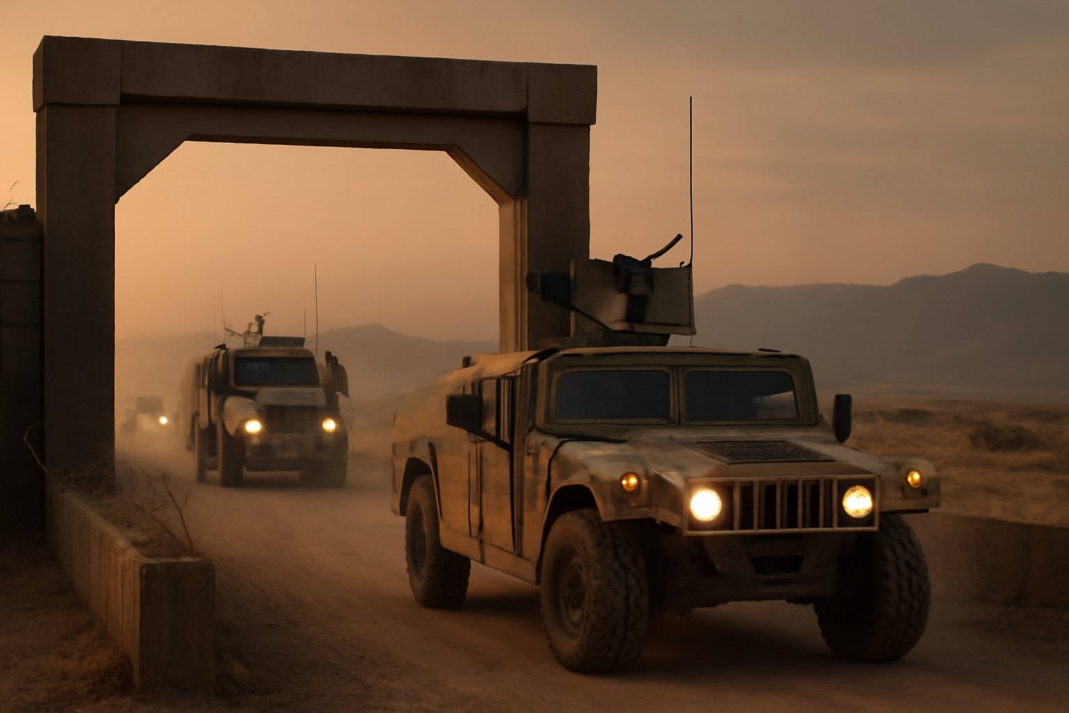 U.S. military vehicles departing a base in northern Iraq at dusk