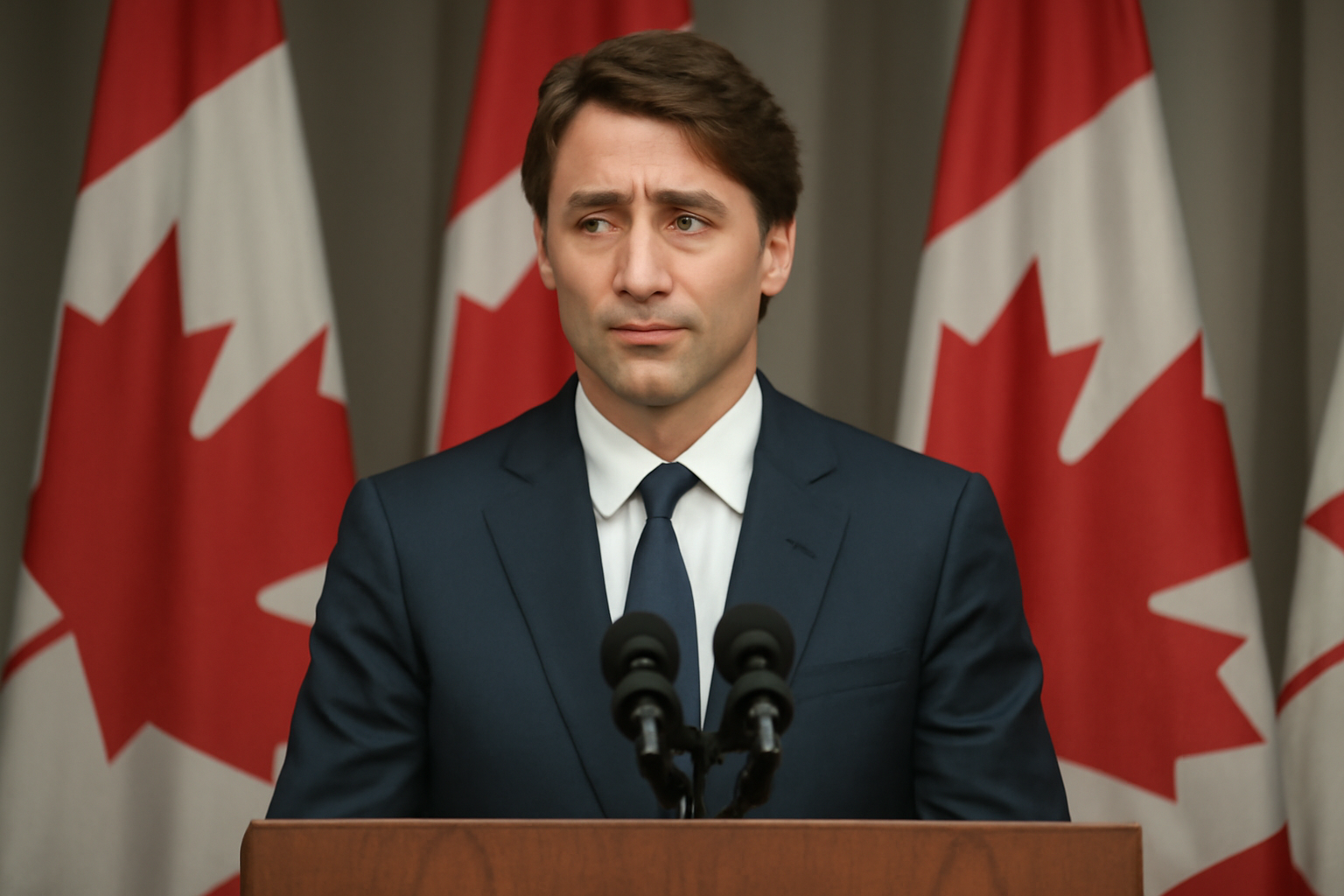 A prime minister in a dark suit speaks at a podium with Canadian flags arranged behind him