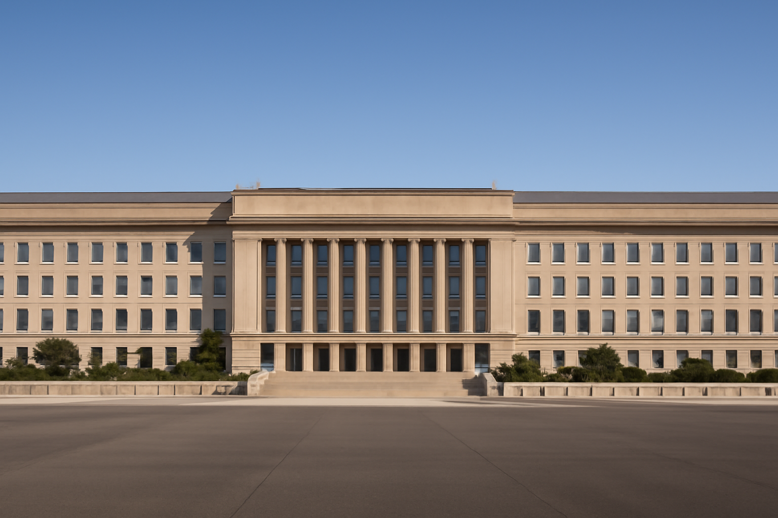 Pentagon building exterior photographed from a wide angle under daylight sky
