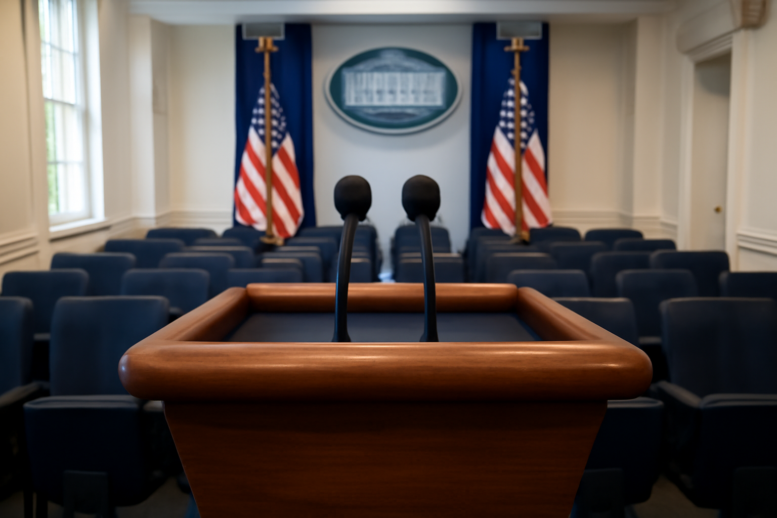 White House press briefing room podium with microphones, empty before a briefing