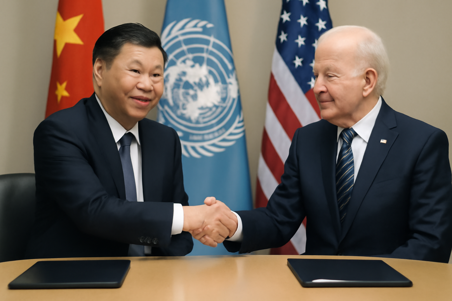 Two world leaders shaking hands at a United Nations meeting table with flags in the background