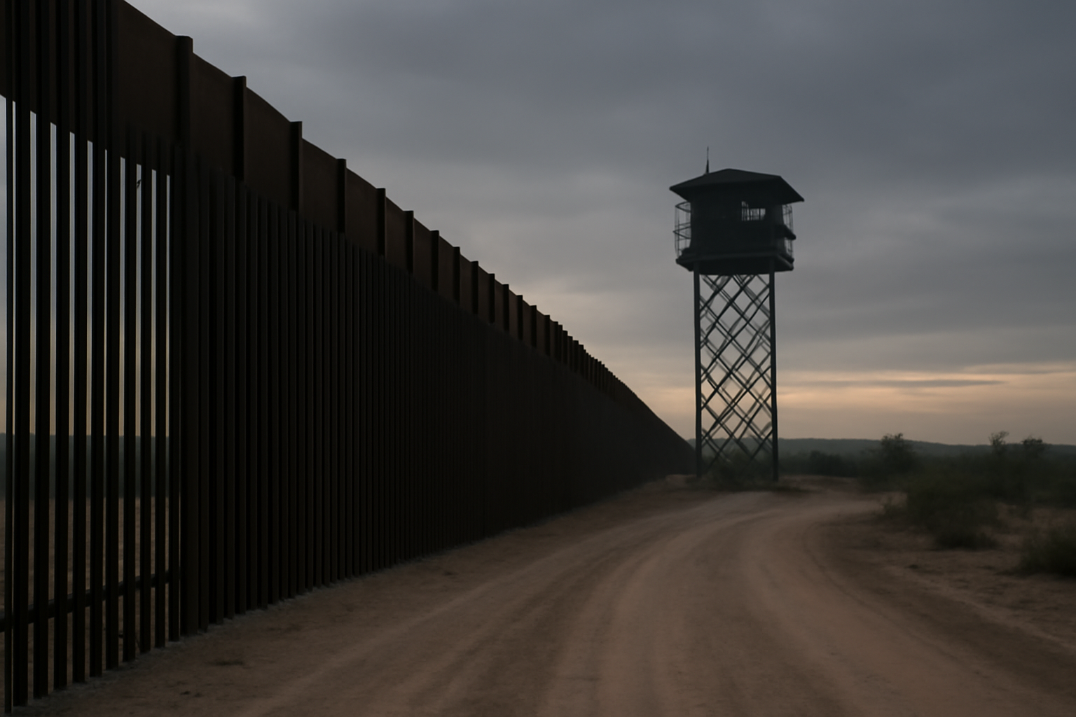 A border checkpoint fence along the India-Pakistan frontier under overcast skies