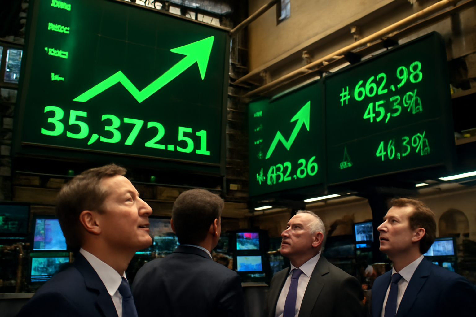 Traders on a stock exchange floor watching a chart of surging Nasdaq index numbers on large digital screens