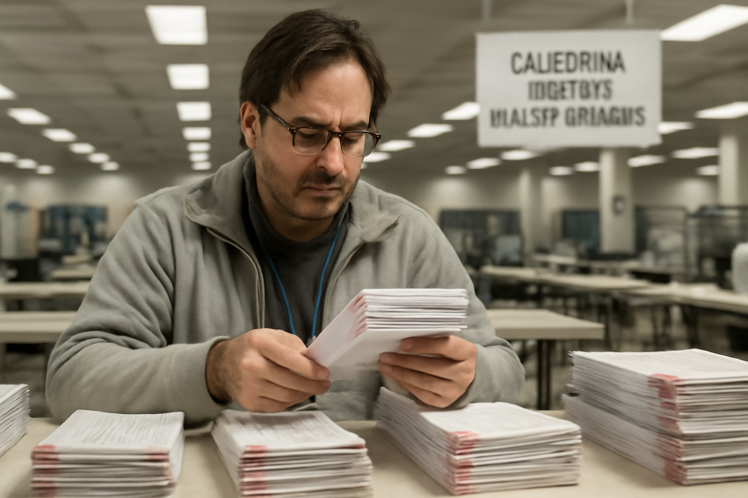 Election worker sorting mail-in ballots at a California processing center