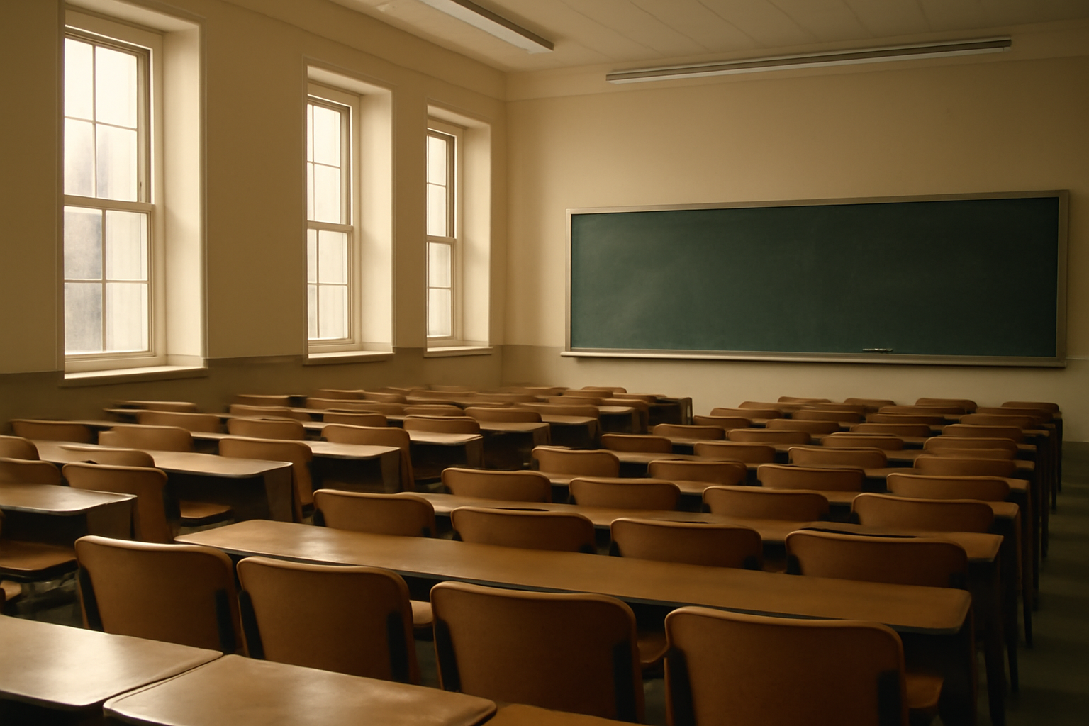 Empty university lecture hall with rows of vacant desks and a chalkboard, lit by afternoon window light