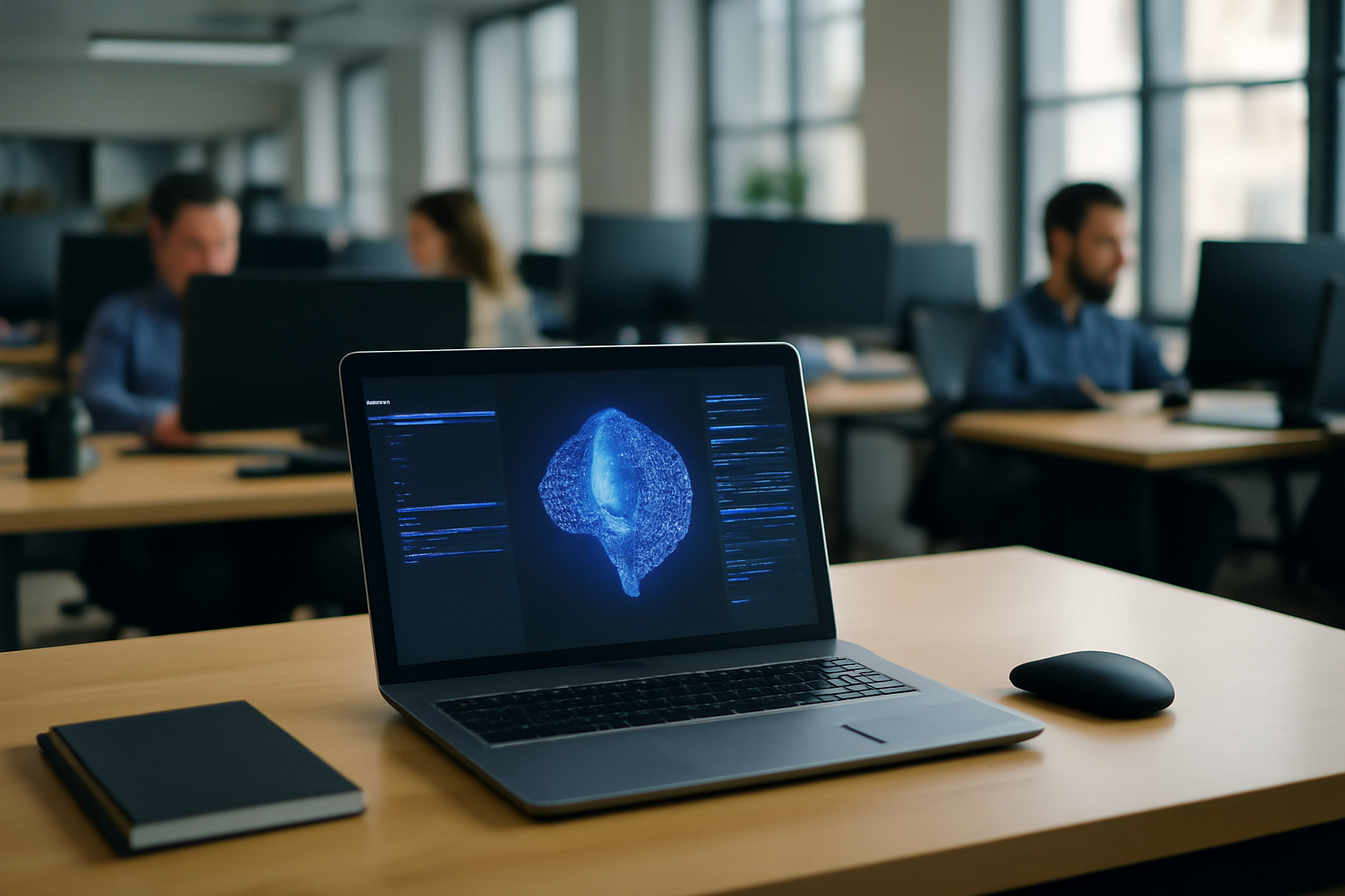 A laptop screen displaying an AI model interface in a modern office setting