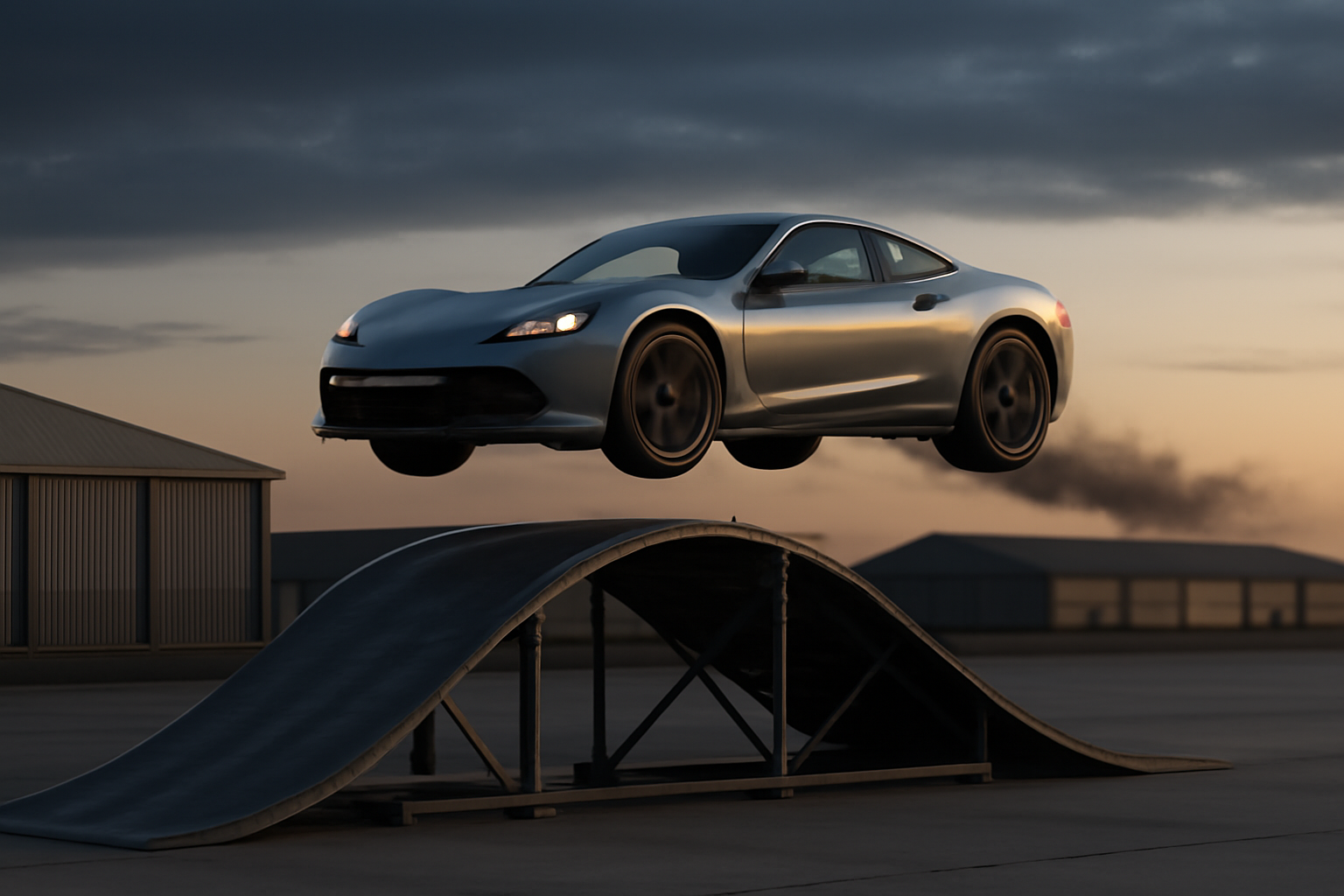A silver sports car airborne above a curved launch ramp at an outdoor test facility