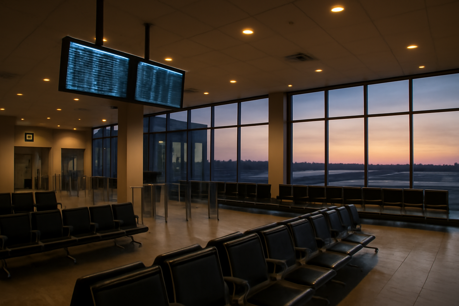 Empty airport terminal departure board and gate area in Poland at dusk