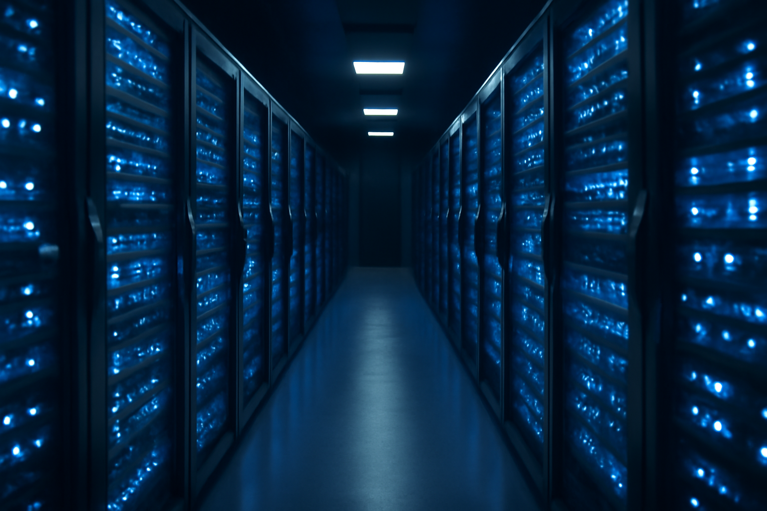 A server rack glows blue in a dark data center hallway