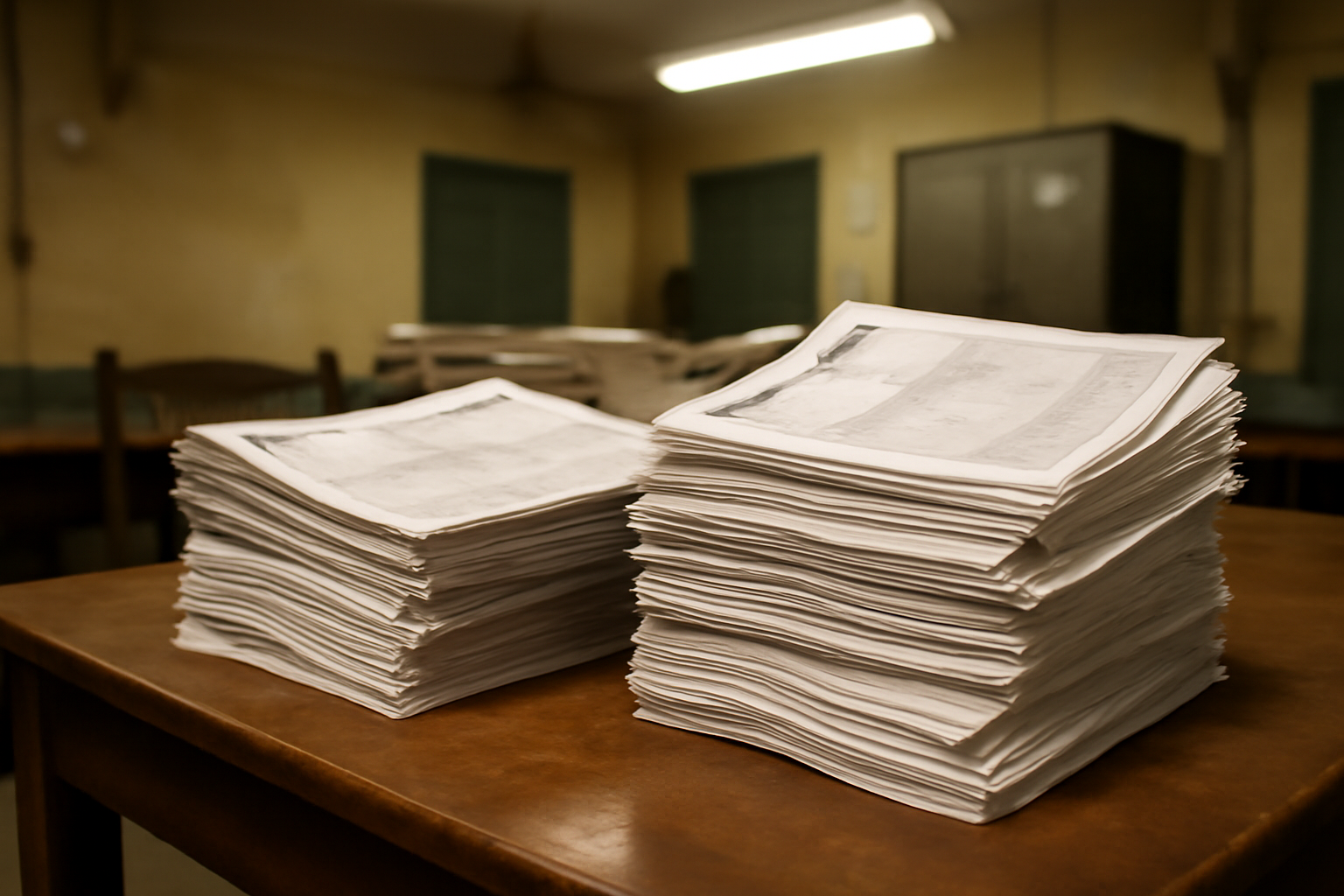 Stacks of printed electoral roll pages piled on a polling office desk in India.