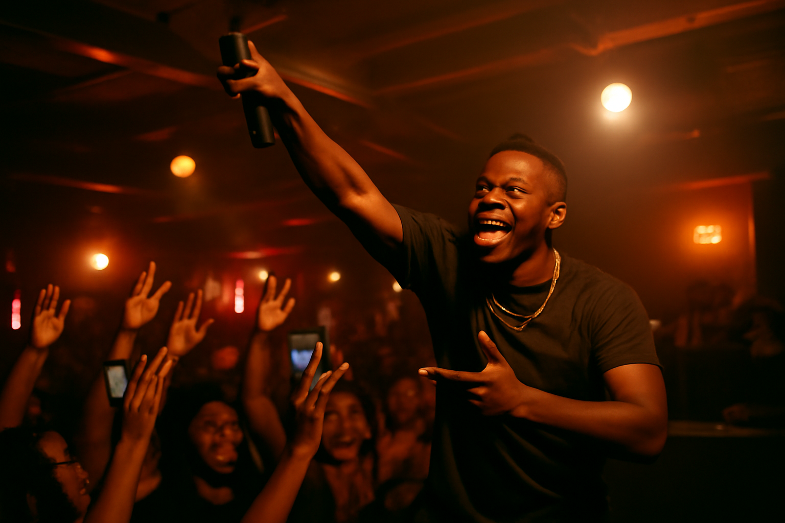 A Nigerian hypeman performing with a microphone in front of an energized Lagos nightclub crowd