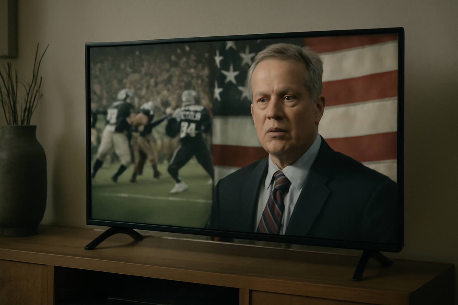 Television screen showing a Trump campaign-style advertisement during a football broadcast