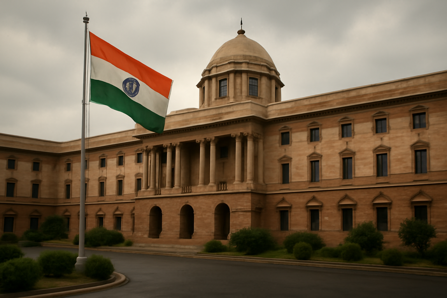 Government building exterior in Pakistan with a flag flying under an overcast sky