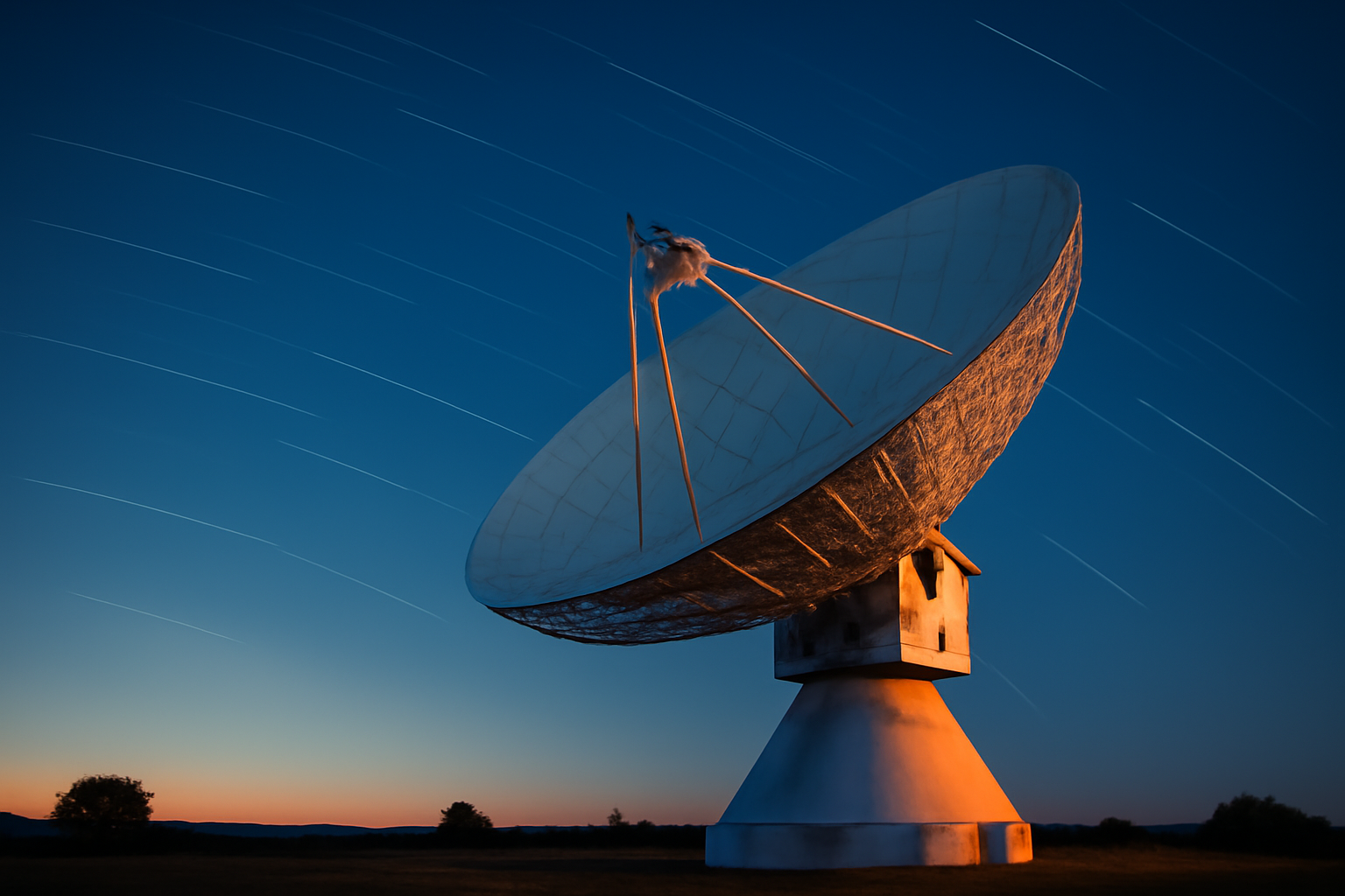 Satellite dish array against a night sky with orbiting satellites visible as points of light