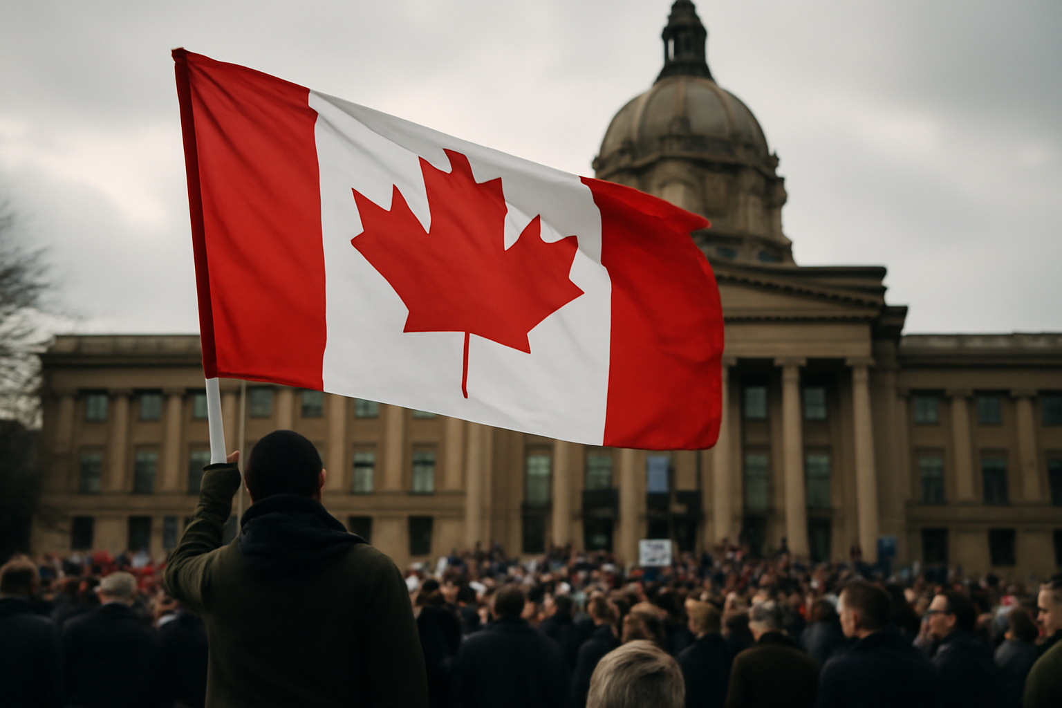 A person waves a Canadian flag at an Alberta independence rally outside the provincial legislature in Edmonton