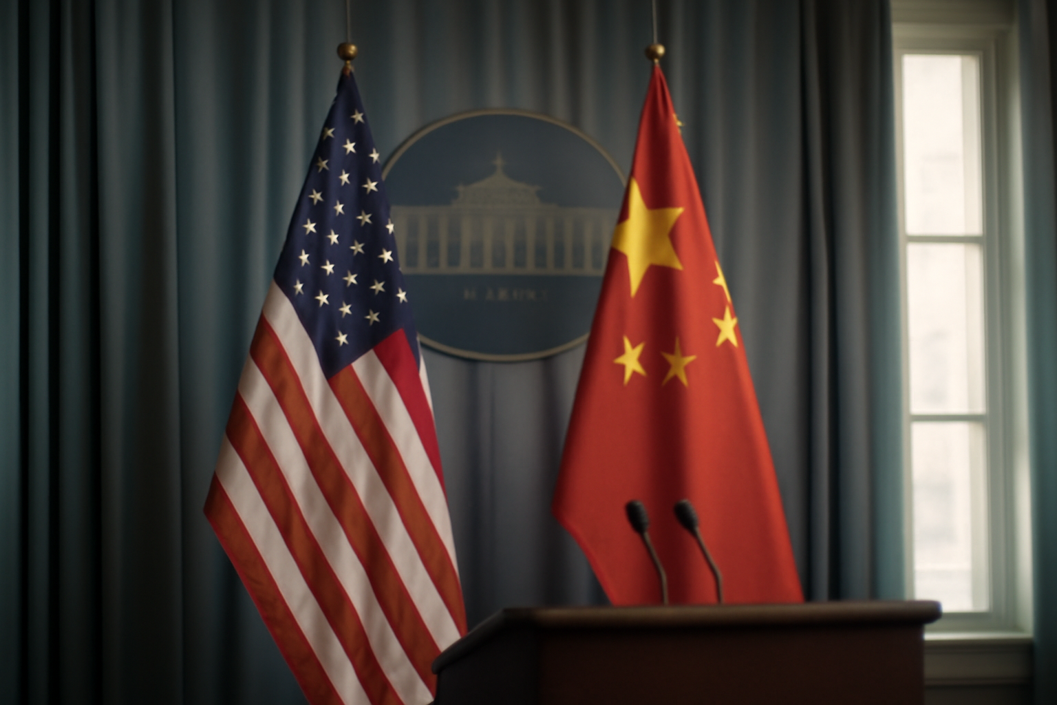 Split image of a U.S. flag and Chinese flag with a public opinion chart overlay