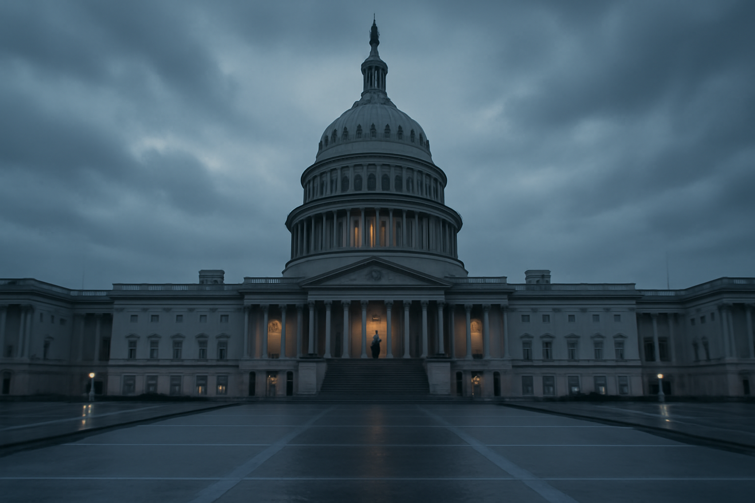 Capitol dome under a cloudy Washington sky at dusk