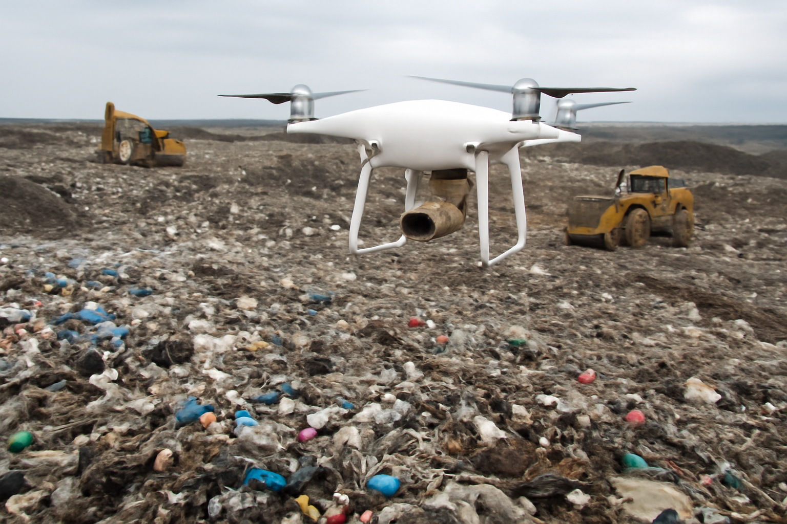 Drone flying over a large municipal landfill under daylight sky