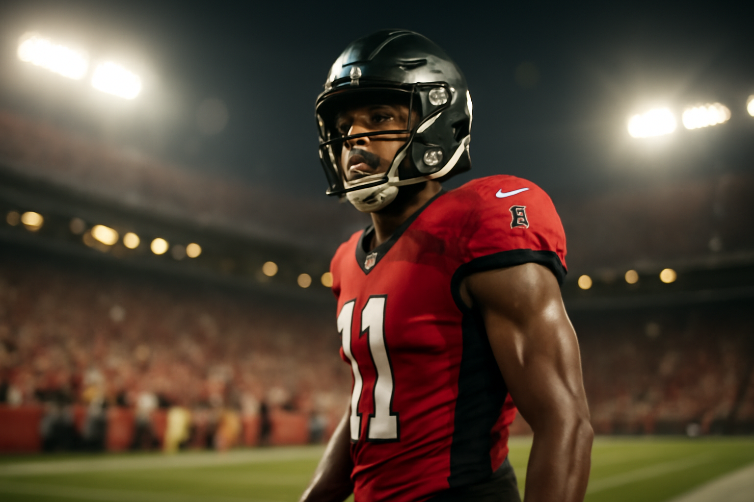 Atlanta Falcons wide receiver in uniform gesturing toward stadium stands during a game