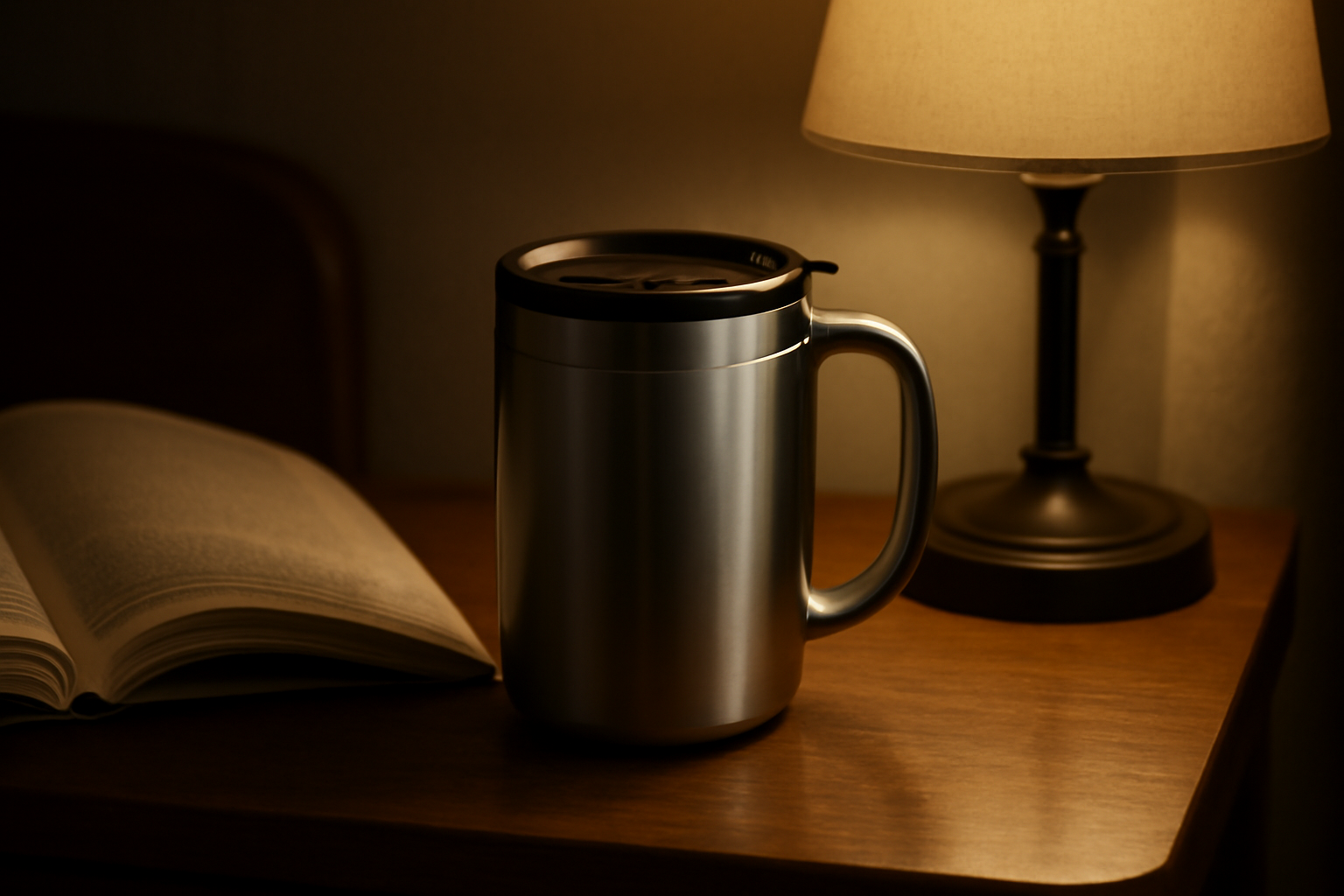 Stainless steel smart mug with a bottom-mounted temperature control button sitting on a wooden table beside a book