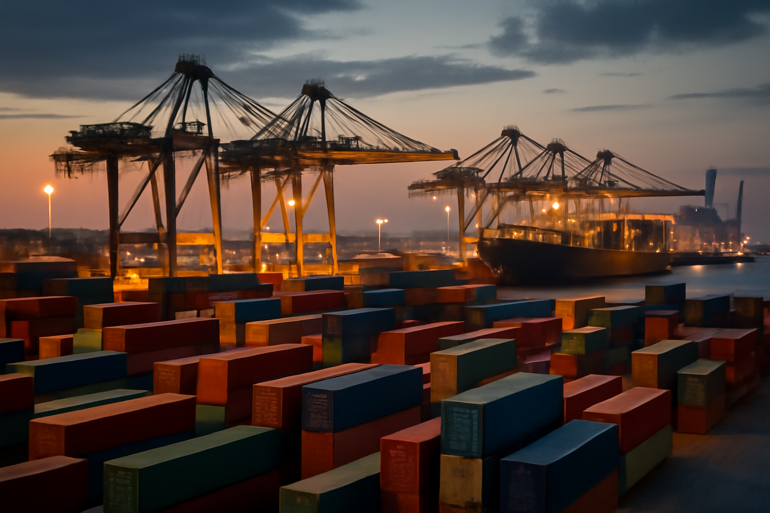 Shipping containers stacked at a European container port with cargo cranes in the background