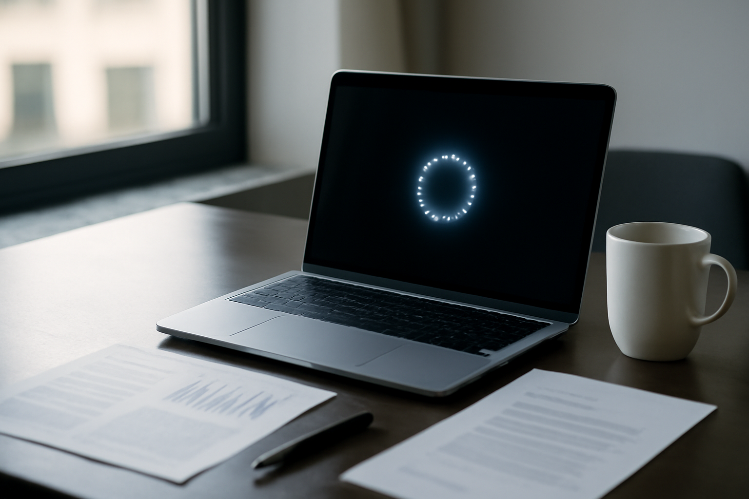 A minimalist dot-shaped AI assistant icon displayed on a laptop screen in a modern office setting