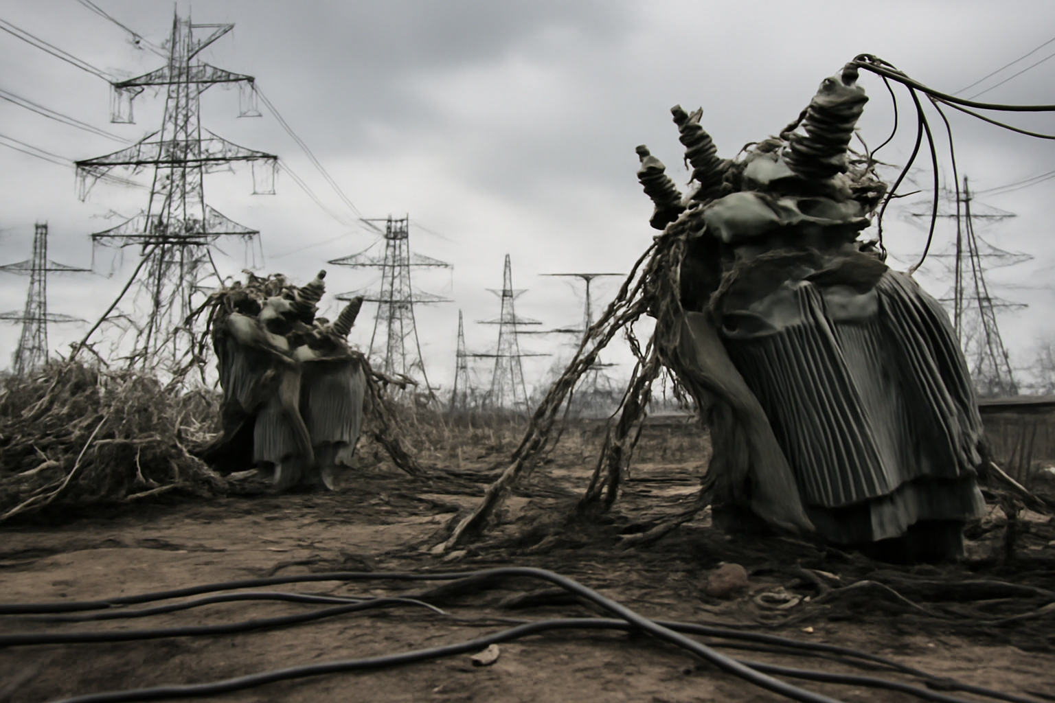 Damaged power infrastructure equipment at a substation under gray winter sky