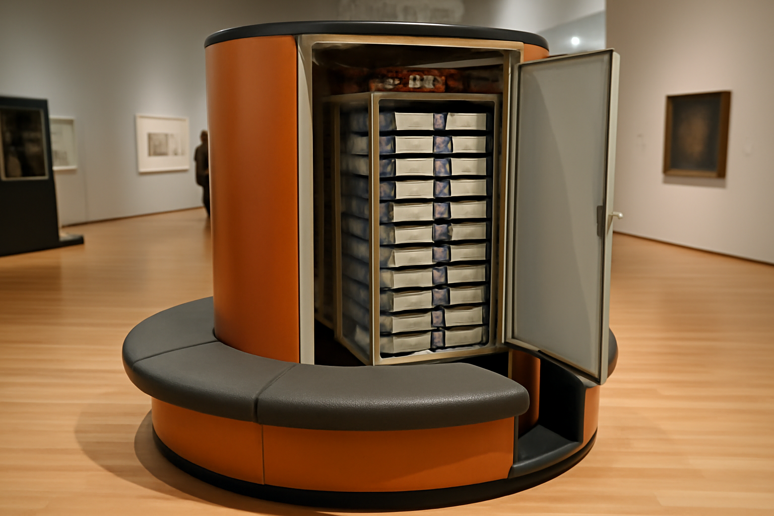 Rack of thirty Mac Mini computers mounted inside a replica Cray-1 supercomputer cabinet