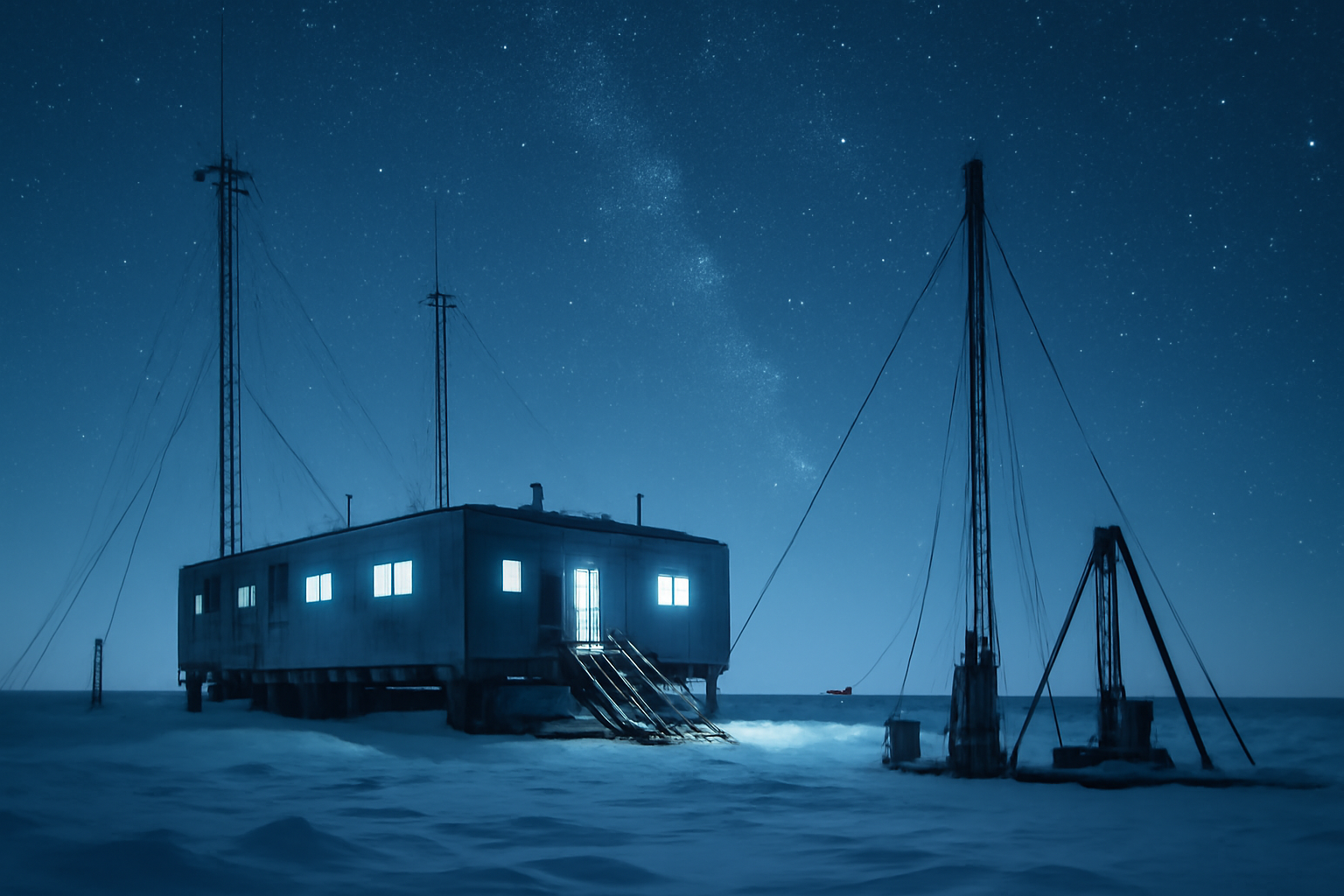 Research station structures against a snow-covered polar landscape under a starry sky