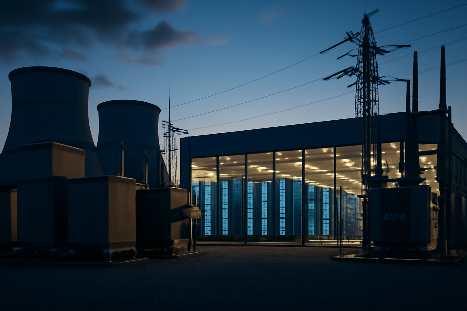 Data center cooling towers and power infrastructure under a dusk sky with server racks visible through glass