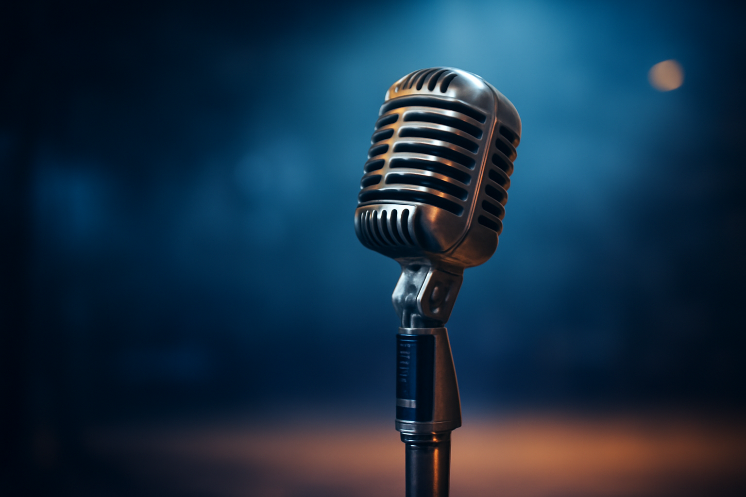 Microphone on a stage stand with soft blue concert lighting in the background