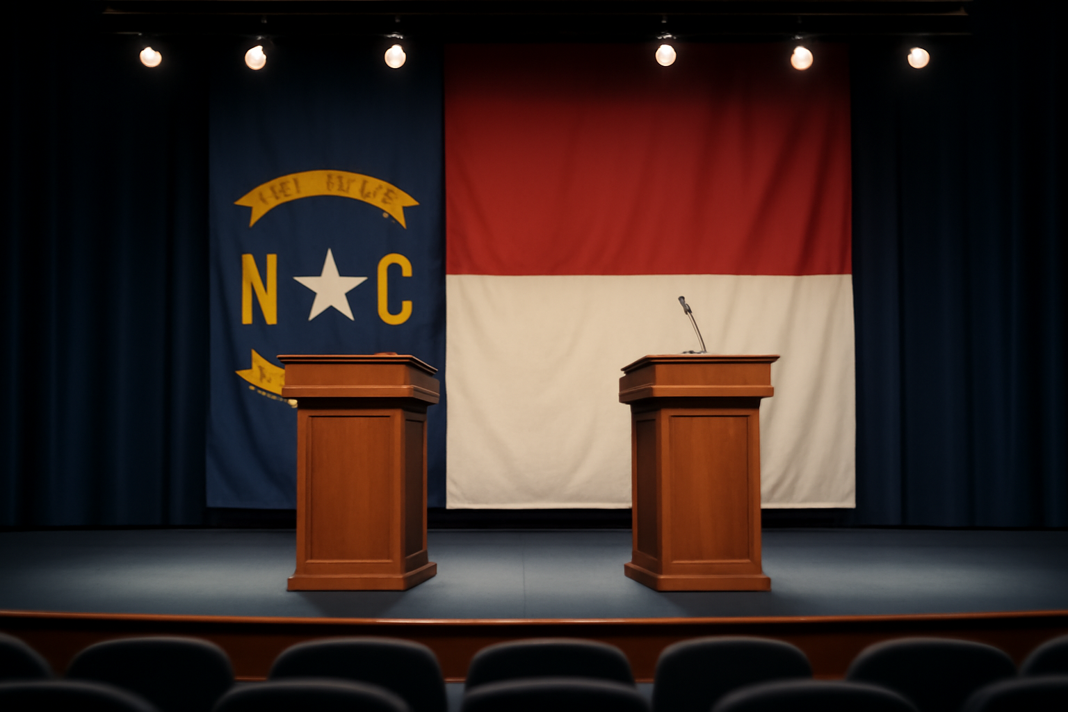 Two Georgia governor candidates standing at podiums during a town-hall debate