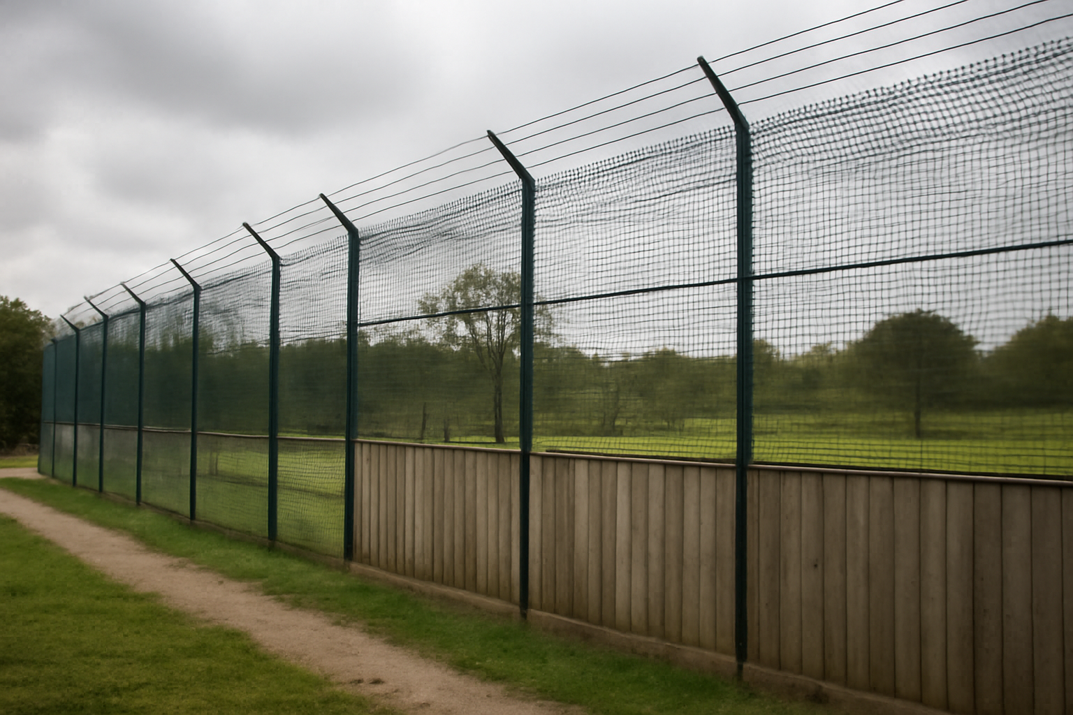 Exterior view of a wildlife park enclosure fence under overcast sky