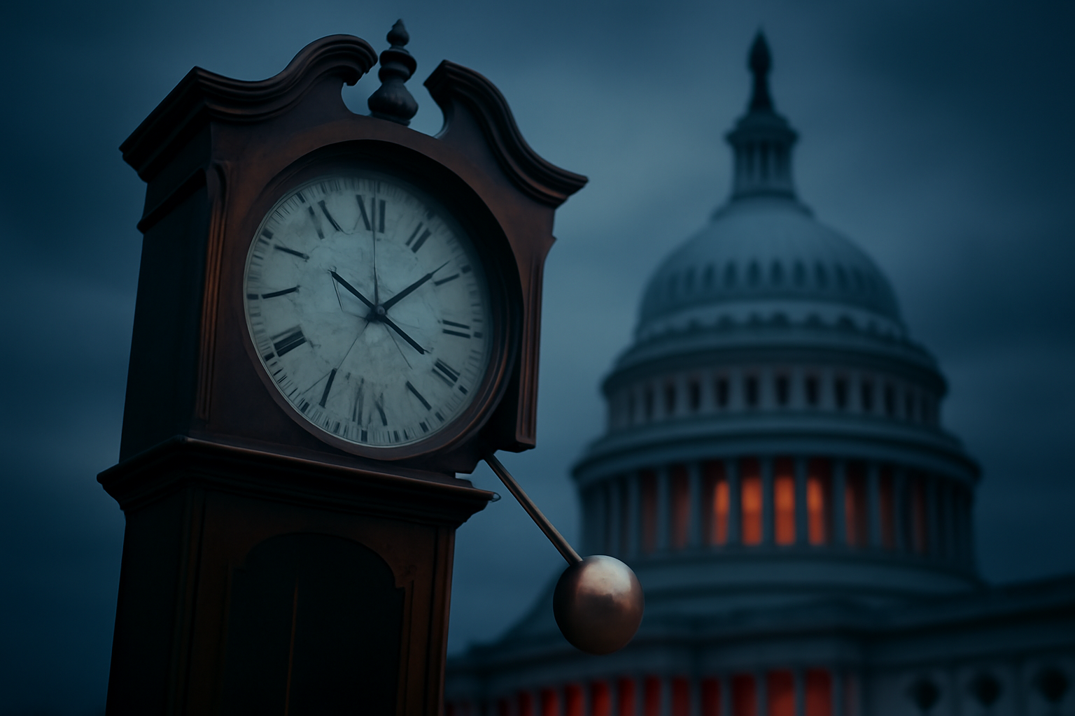 A broken pendulum clock mechanism beside the U.S. Capitol dome at dusk