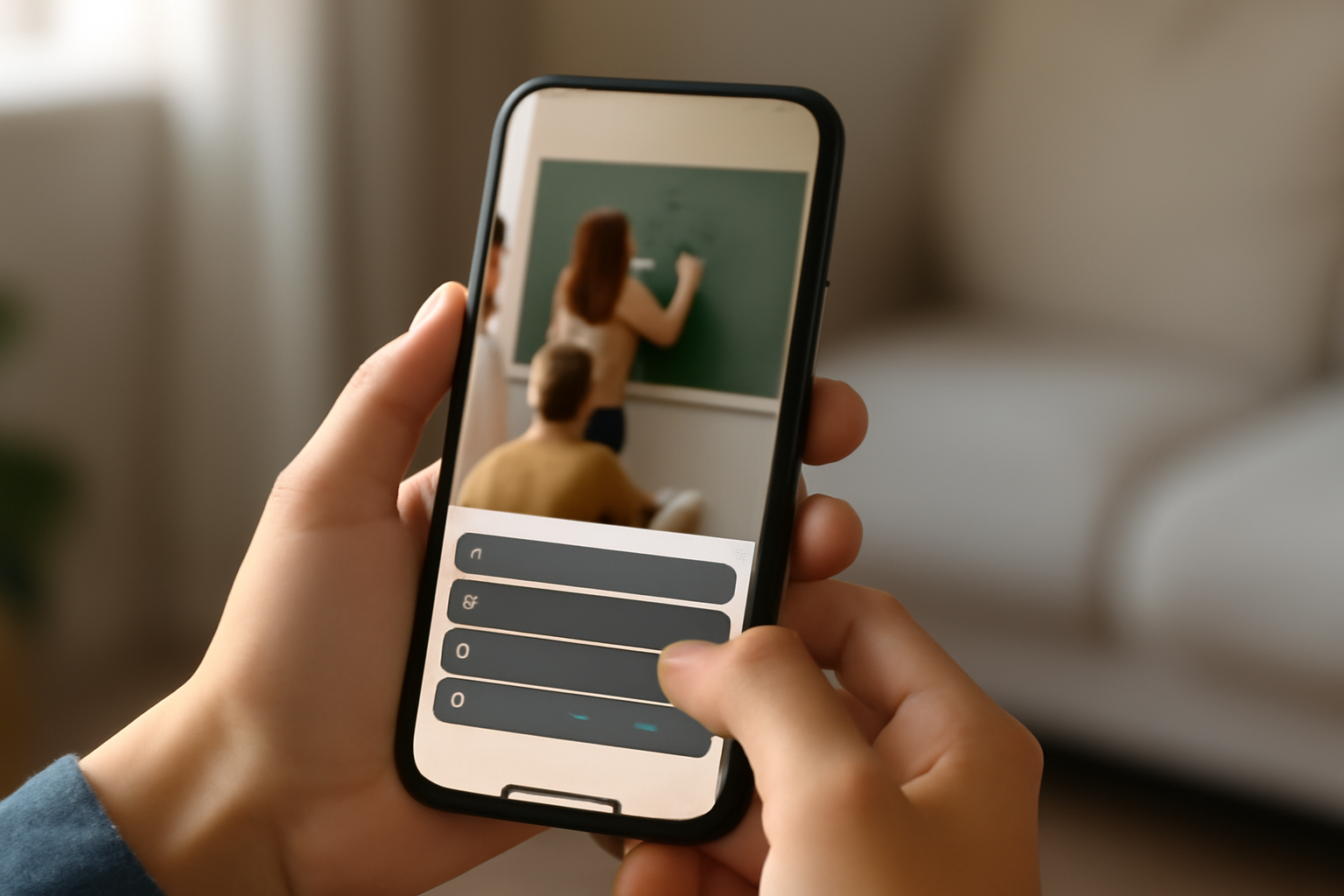 Hands holding a smartphone displaying a vertical scrolling educational video feed with a quiz overlay