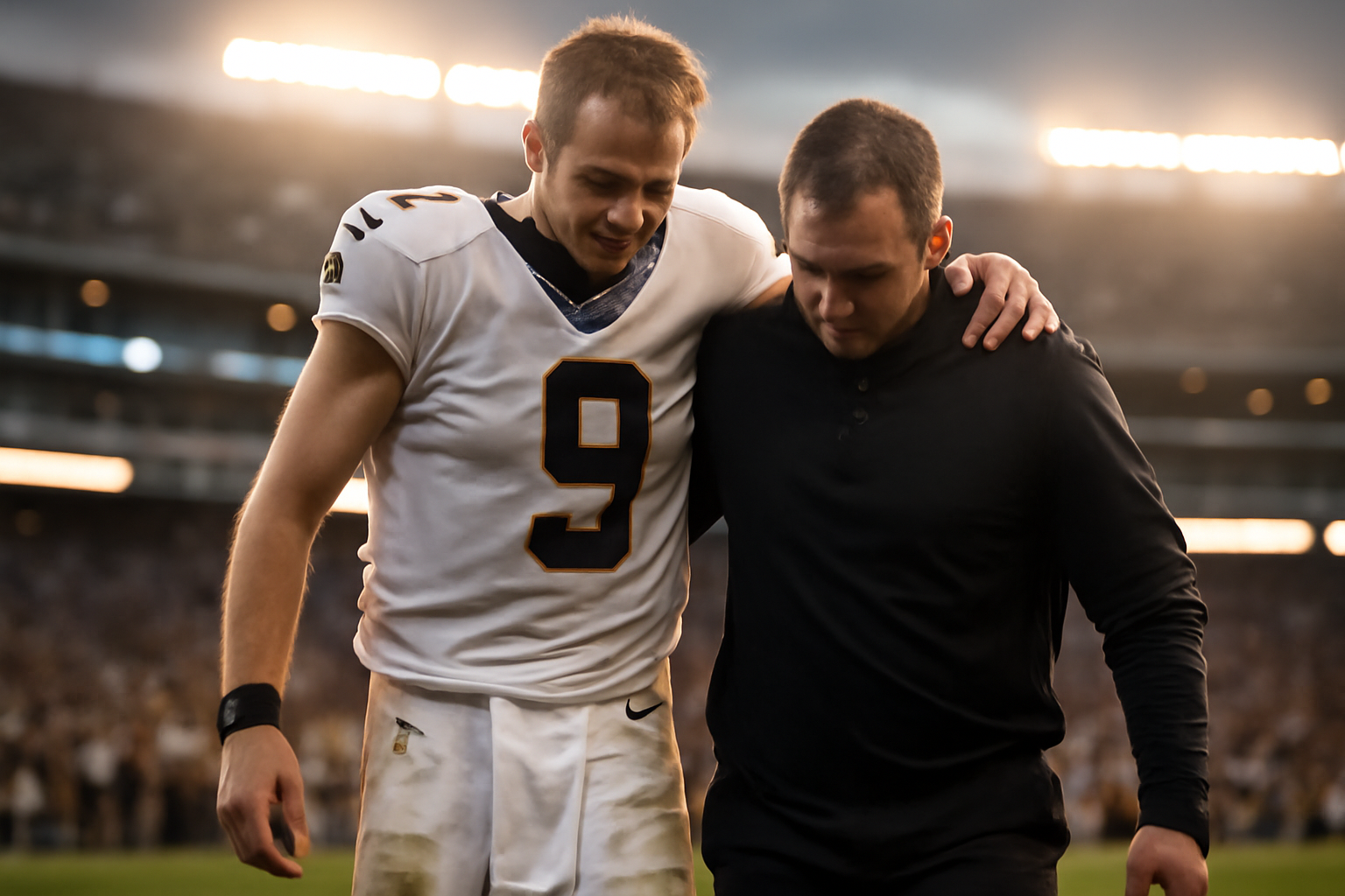 NFL quarterback walking off the field with a trainer during a game