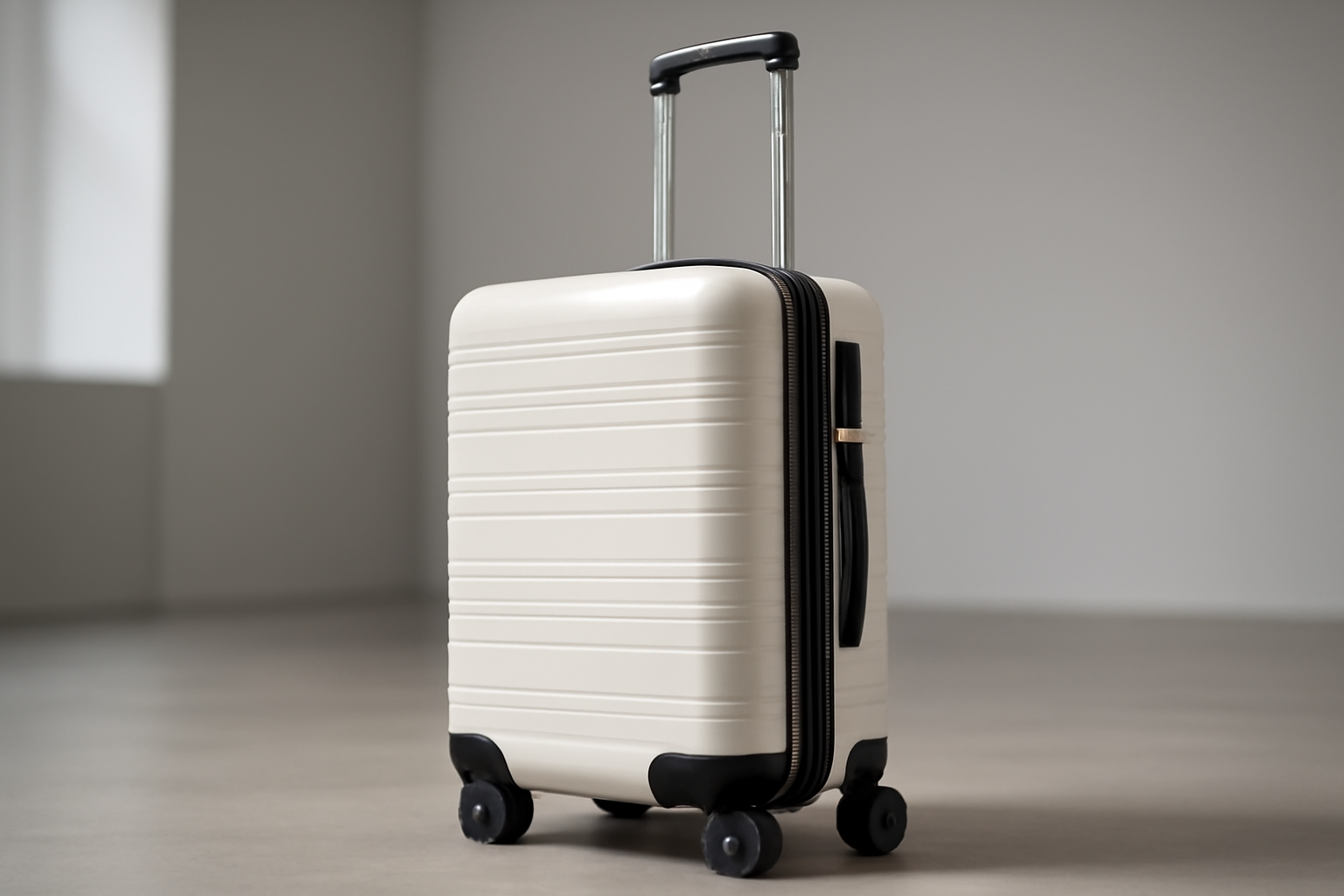 Close-up of a hard-shell carry-on suitcase wheel and trolley handle mechanism