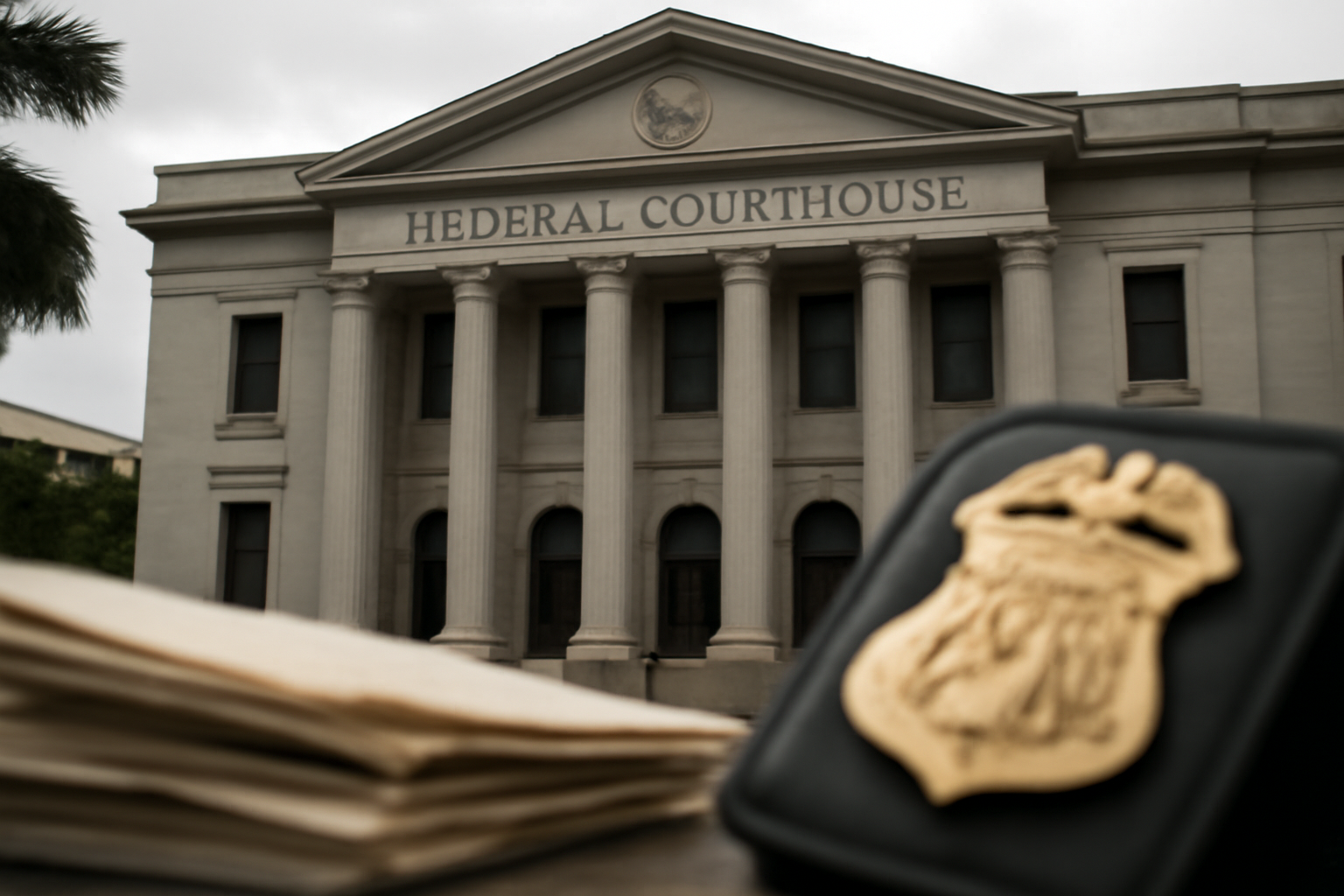 Federal courthouse entrance in Florida with a subpoena document and FBI badge motif in soft focus