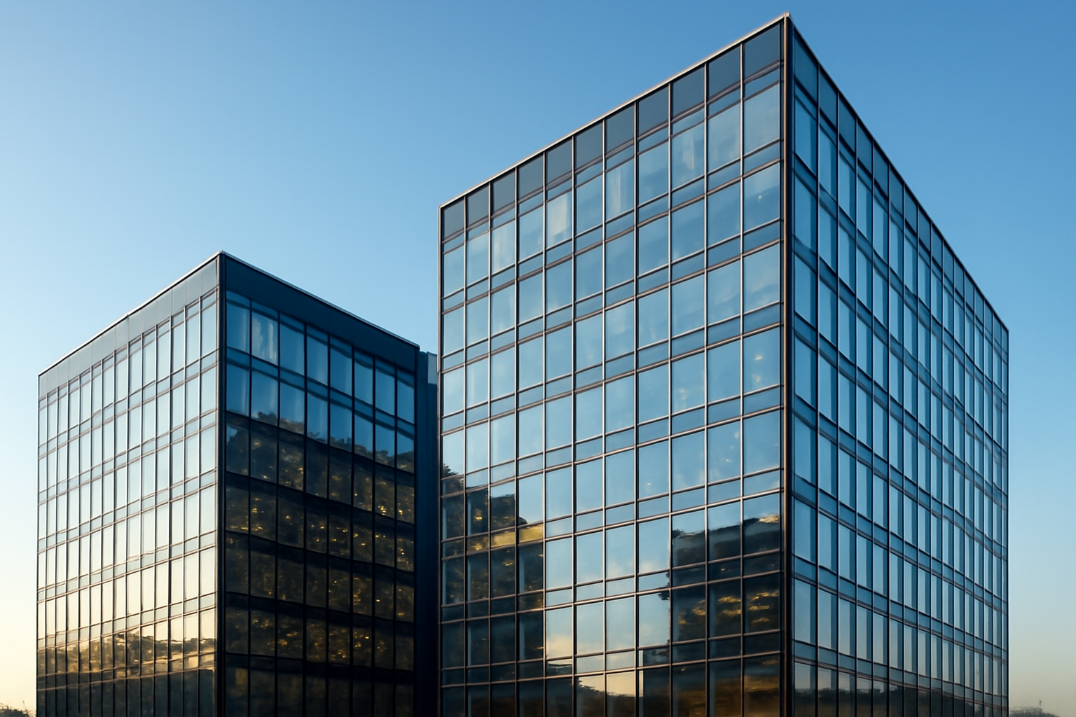 Corporate office tower exteriors representing Paramount and Warner Bros studio lots