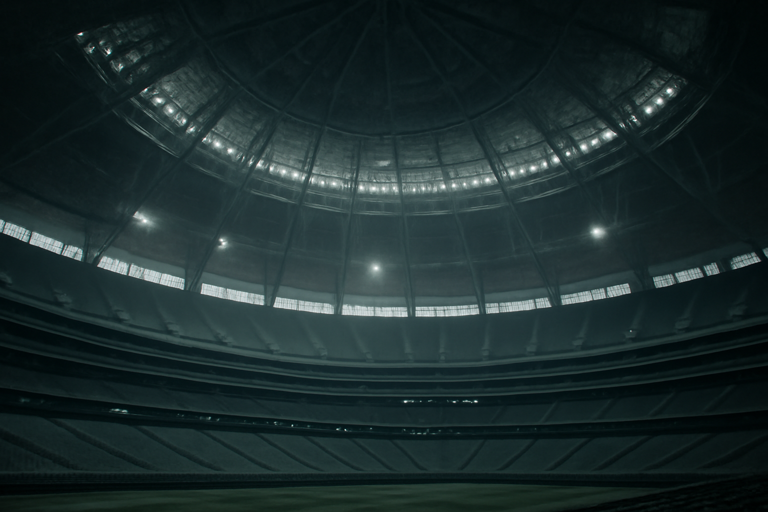 Empty domed football stadium rafters high above the playing field before a game
