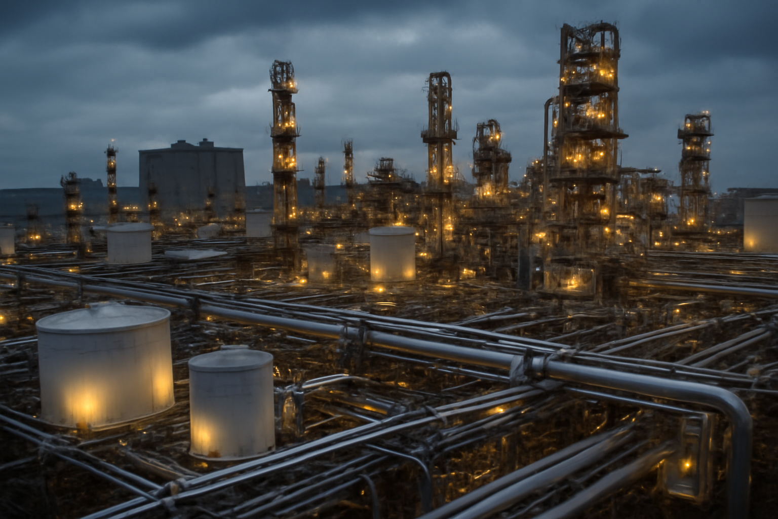 Exterior view of a large German chemical manufacturing plant with steel piping and storage tanks