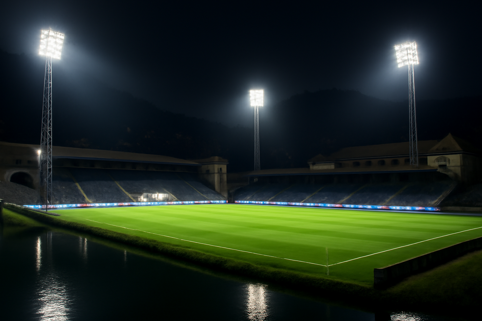 Empty Como stadium pitch under lights with Champions League branding visible on the sideline boards