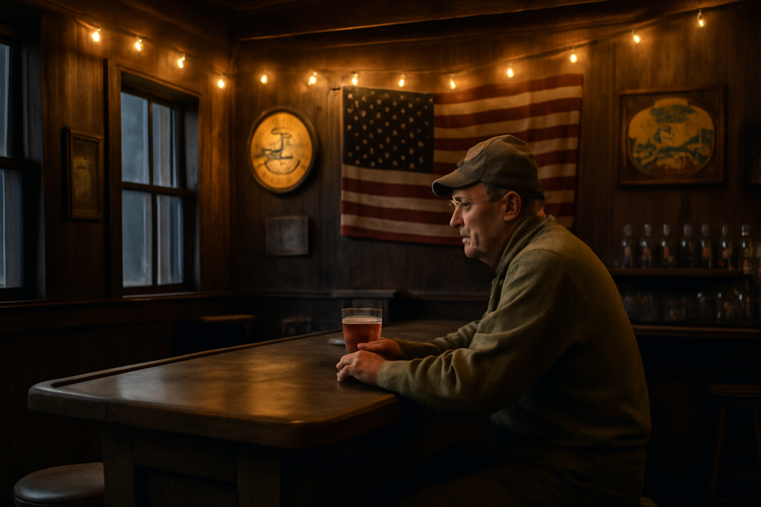 Patron drinking a beer at a dimly lit rural Pennsylvania bar decorated with Americana memorabilia