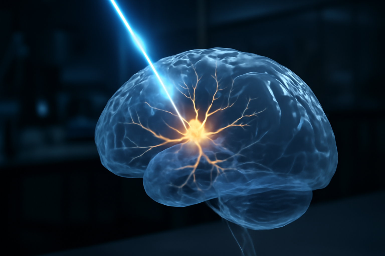 Illustration of a neuron activated by a beam of light inside a human brain
