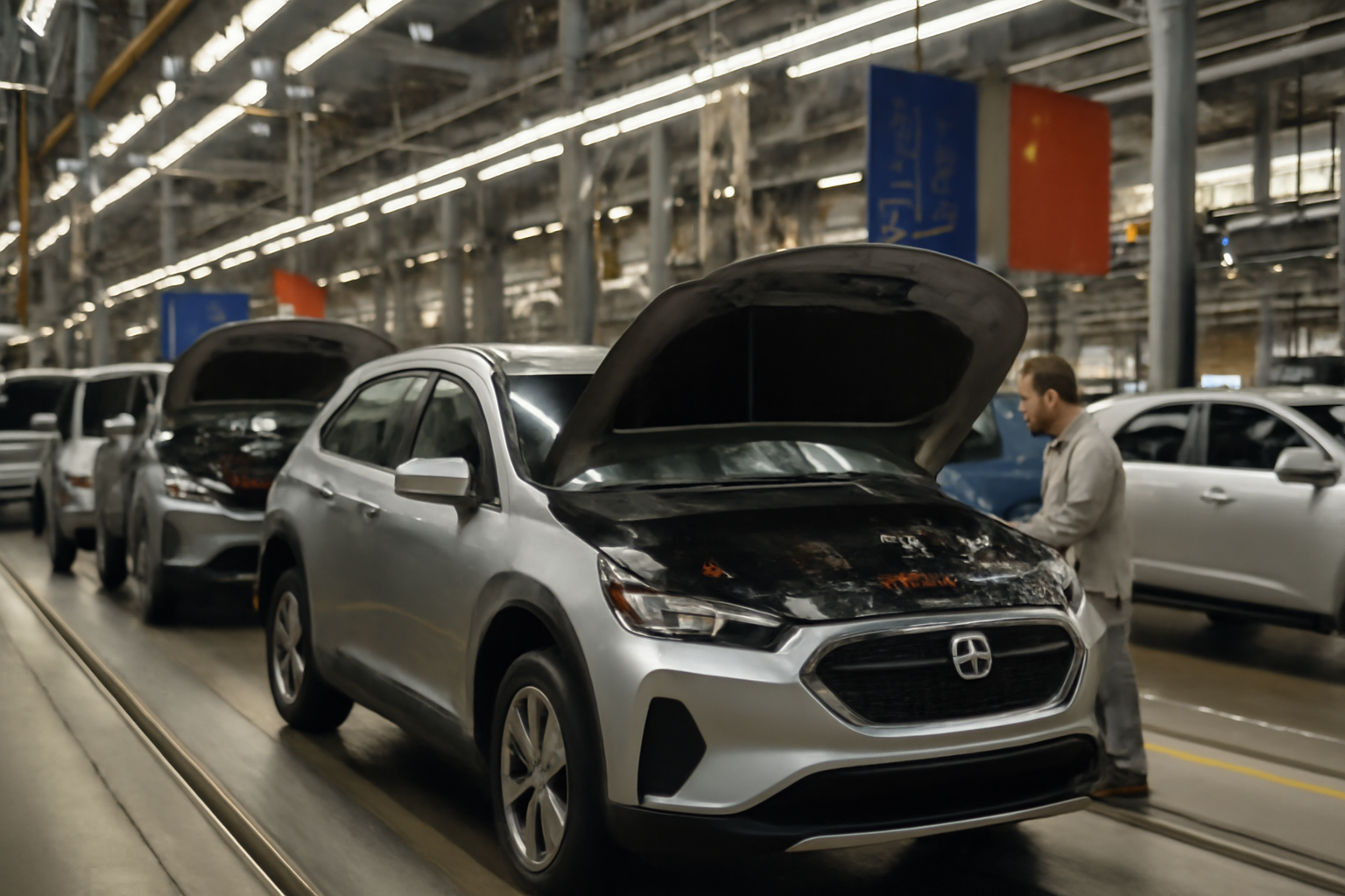 Hybrid vehicles lined up on a European assembly floor with EU and Chinese flags visible in the background
