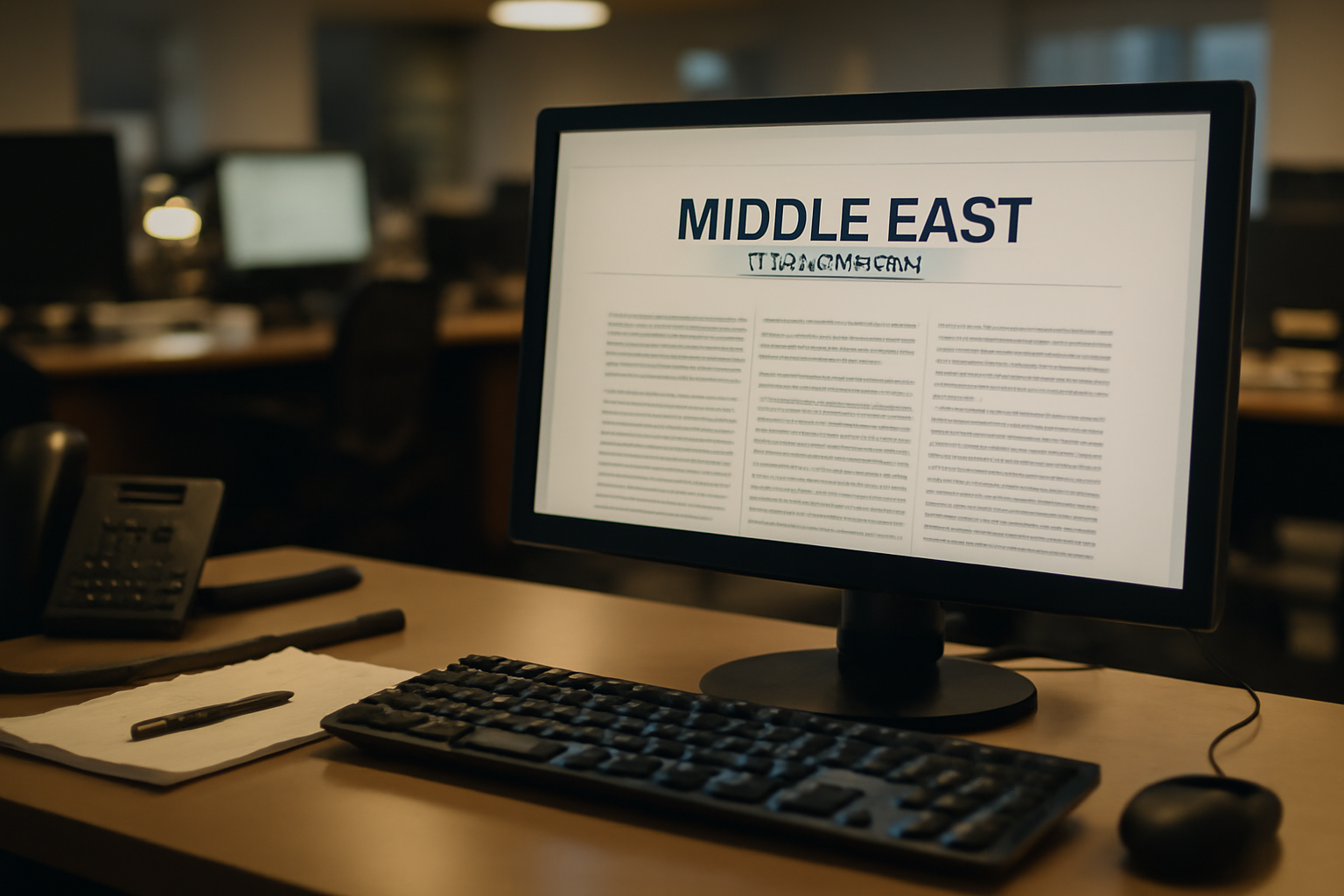 A wire service newsroom monitor displaying a Middle East news dispatch