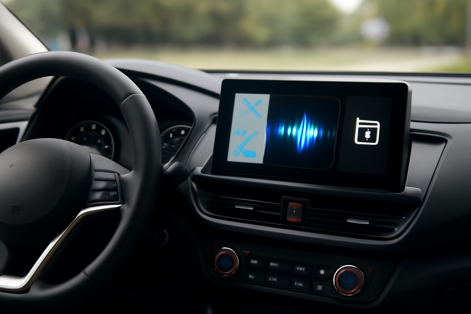 A car dashboard touchscreen displaying a Gemini AI assistant interface with navigation and calendar prompts