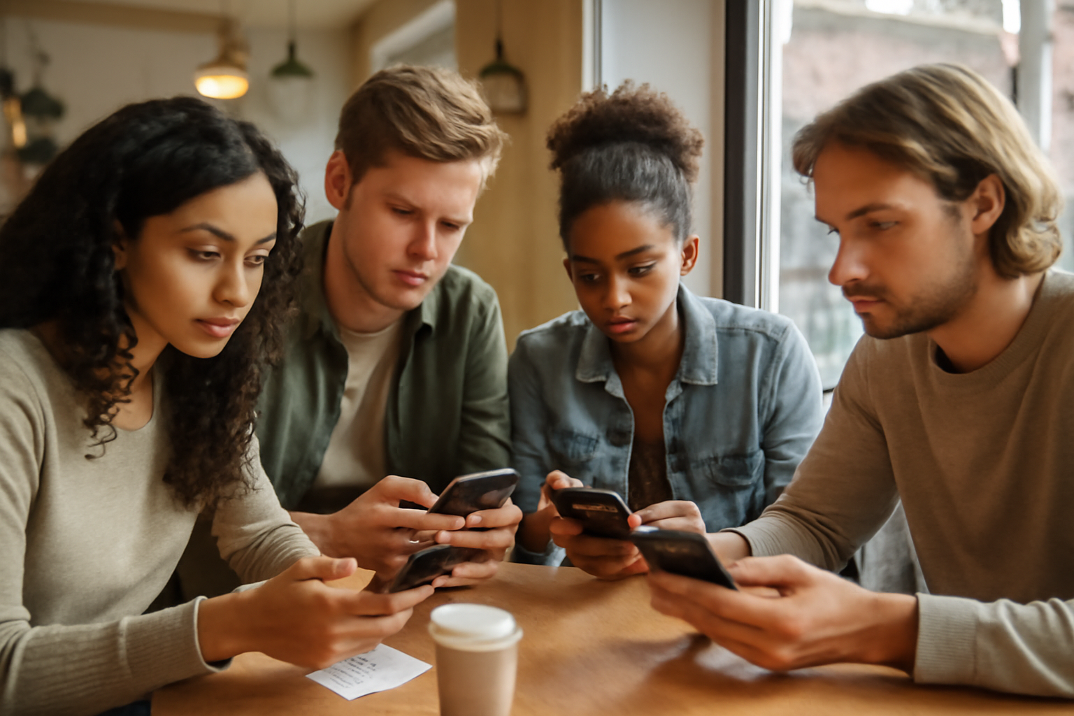 Group of friends looking at smartphones together while planning an event in a coffee shop